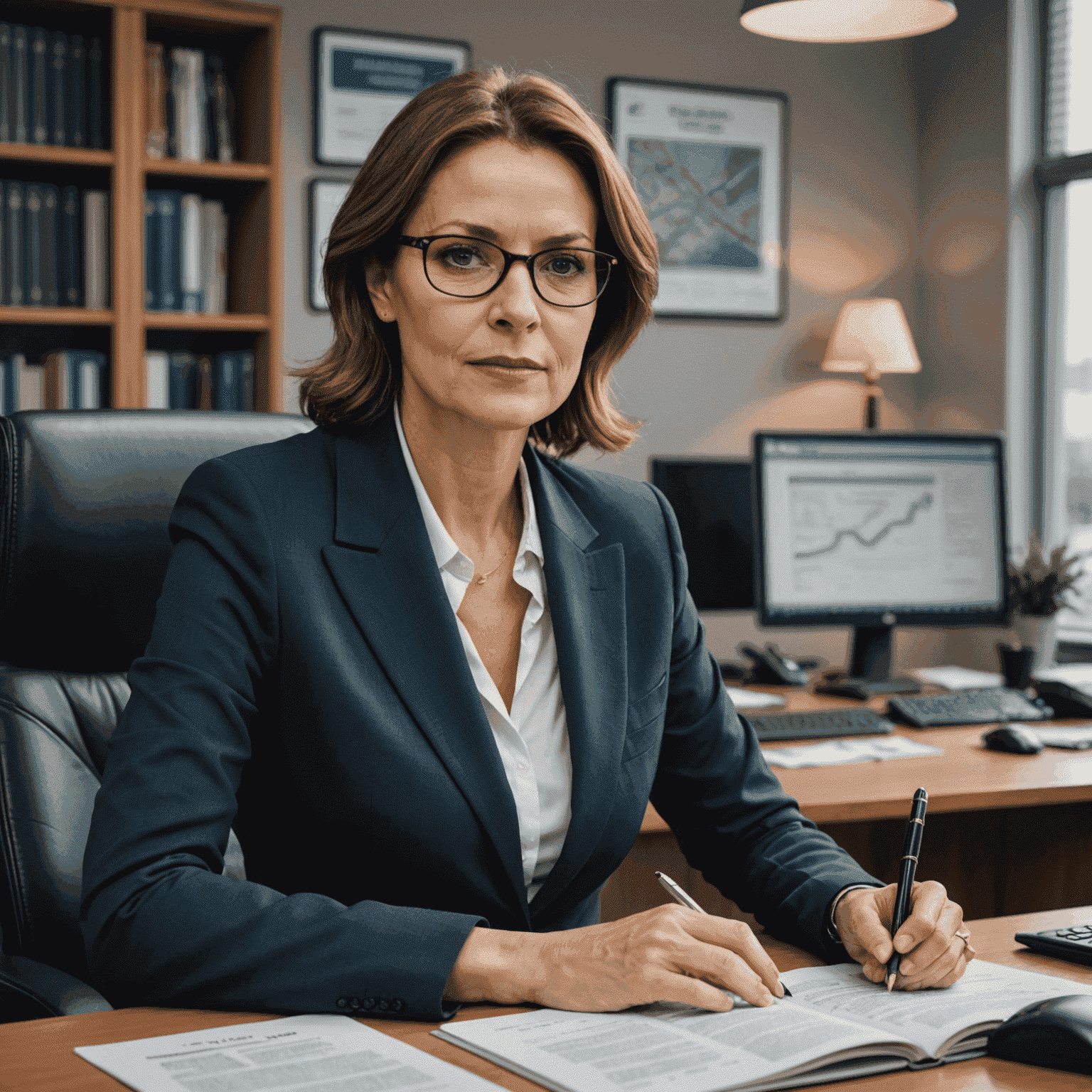 Zdjęcie Anny Kowalskiej, ekspertki ds. prawa drogowego. Kobieta w średnim wieku o profesjonalnym wyglądzie, ubrana w garsonkę, siedząca przy biurku z otwartą księgą kodeksu drogowego.