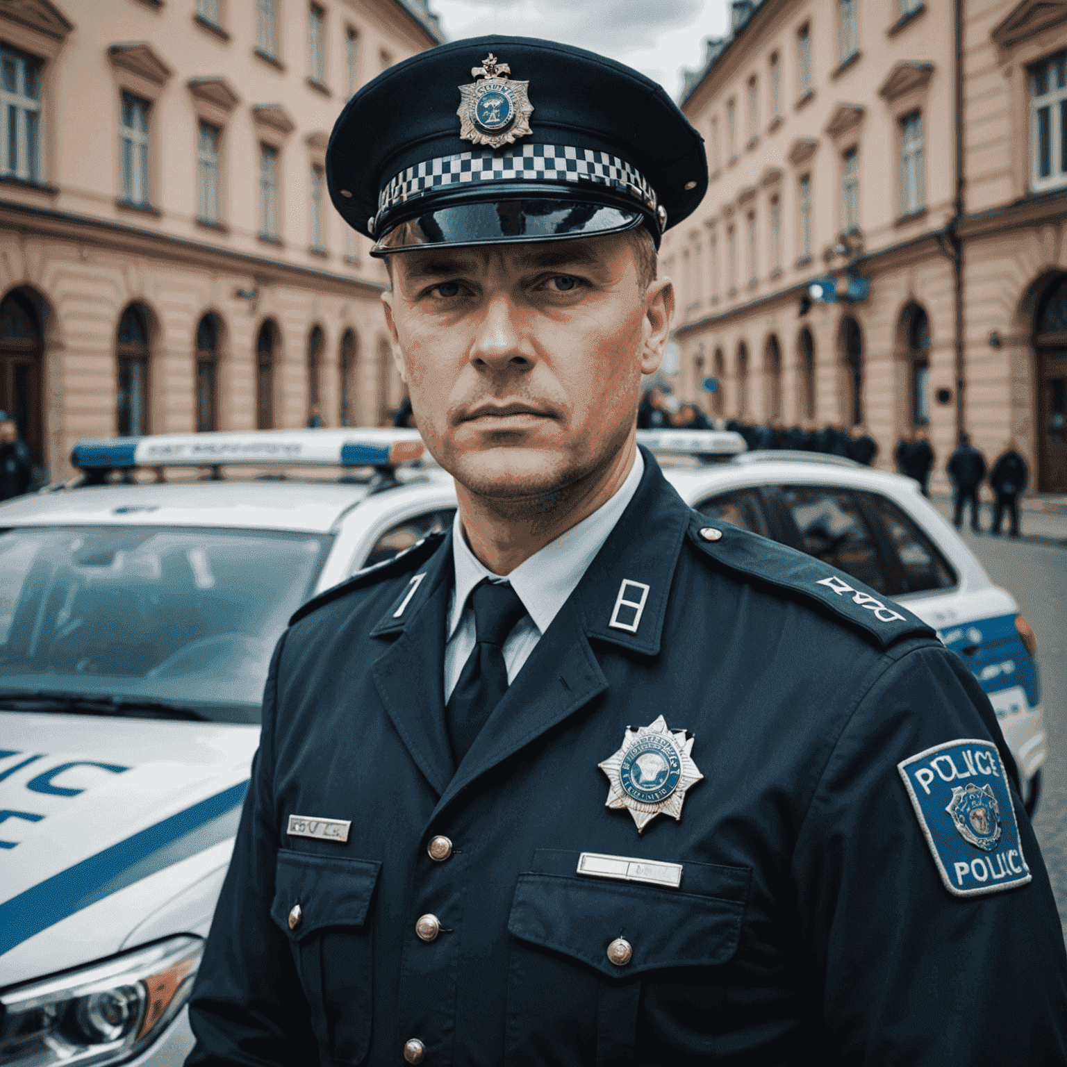Zdjęcie Piotra Nowaka, byłego funkcjonariusza policji drogowej. Mężczyzna w mundurze policyjnym, stojący obok radiowozu, z poważnym wyrazem twarzy.