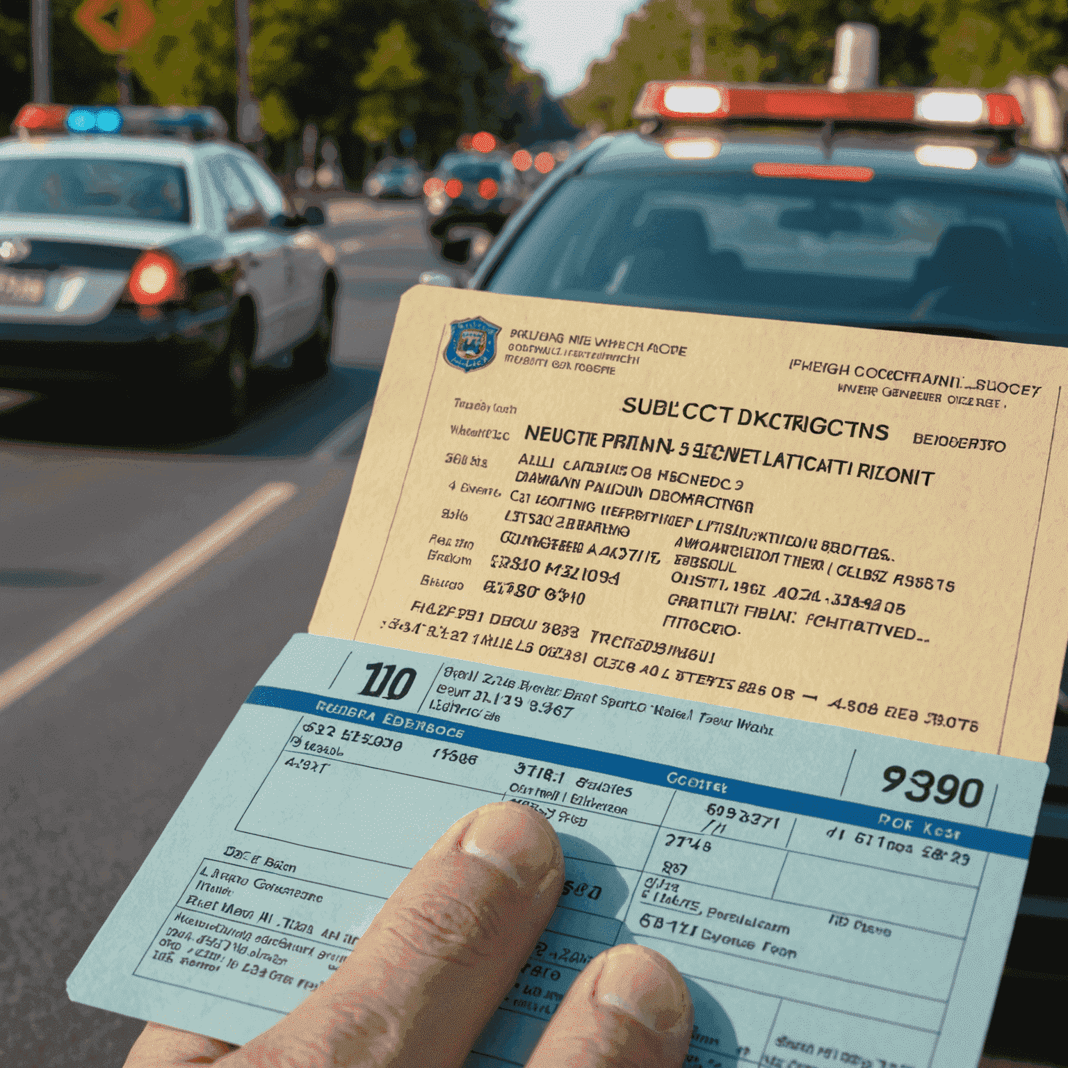 Zbliżenie na mandat drogowy z widocznymi nowymi kwotami kar. W tle niewyraźna sylwetka policjanta.